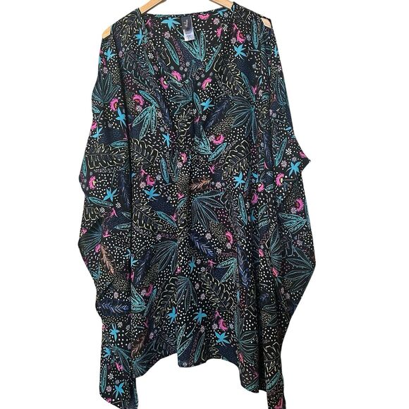 Swimsuits For All Swim Cover Up Black Dolman Sleeve Bat Wing Tropical Print 18 - Picture 1 of 6